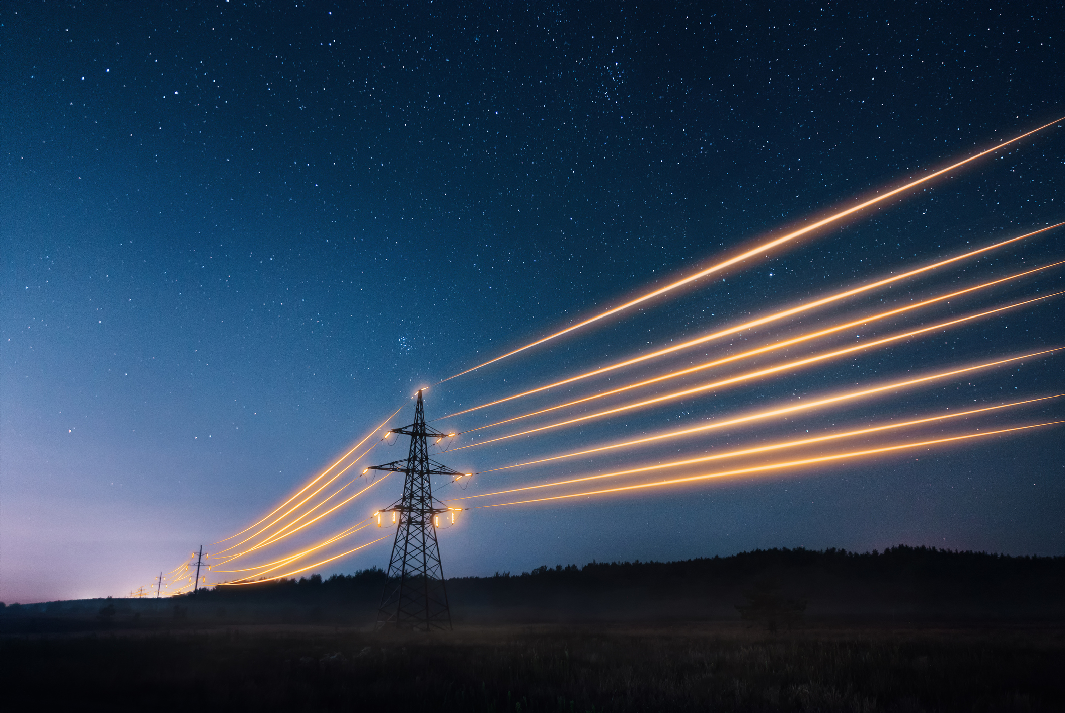 Night time view of transmission power lines